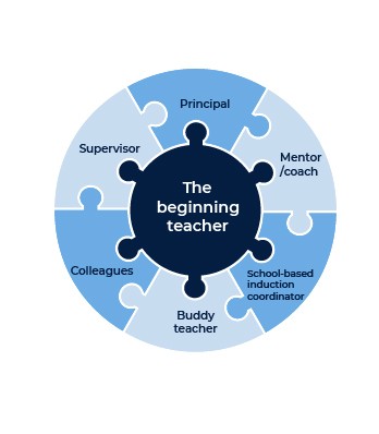 The beginning teacher diagram. The beginning teacher is in the centre, surrounded by key stakeholders of Principal, Supervisor, Mentor or Coach, School based induction coordinator, Buddy teacher, Colleagues