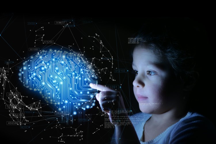 A child touching a blue circuit brain.
