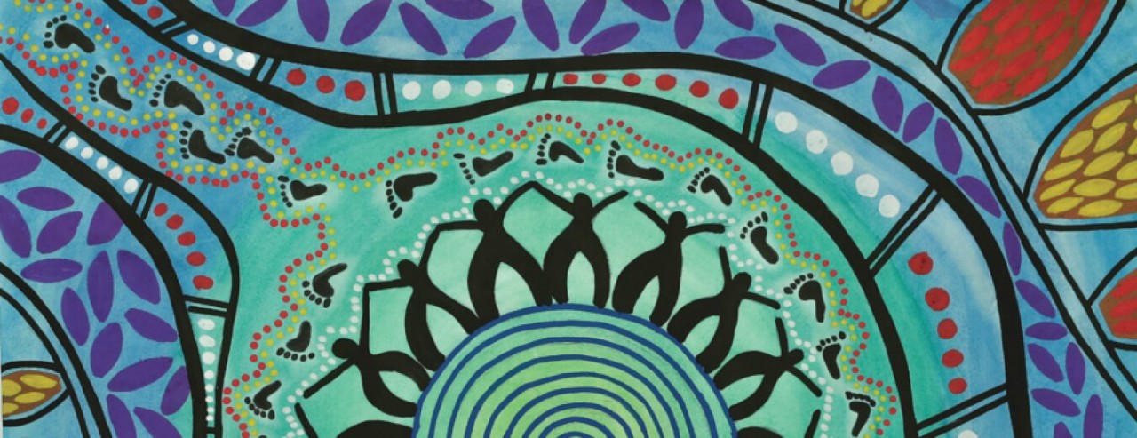 Aboriginal artwork with circles at the centre surrounded by people holding hands and footprints throughout