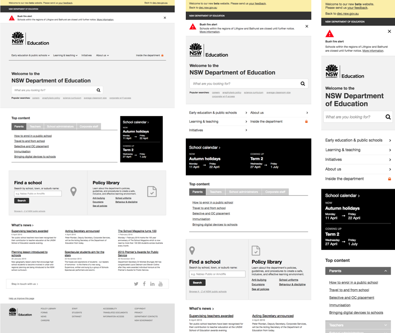 Wireframes of the beta prototype for desktop, tablet and mobile screens.
