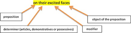Breakdown of prepositional phrase identification in the above example sentence. On is the preposition, their is the determiner (articles, demonstratives or possessives), excited is the modifier and faces is the object of the preposition
