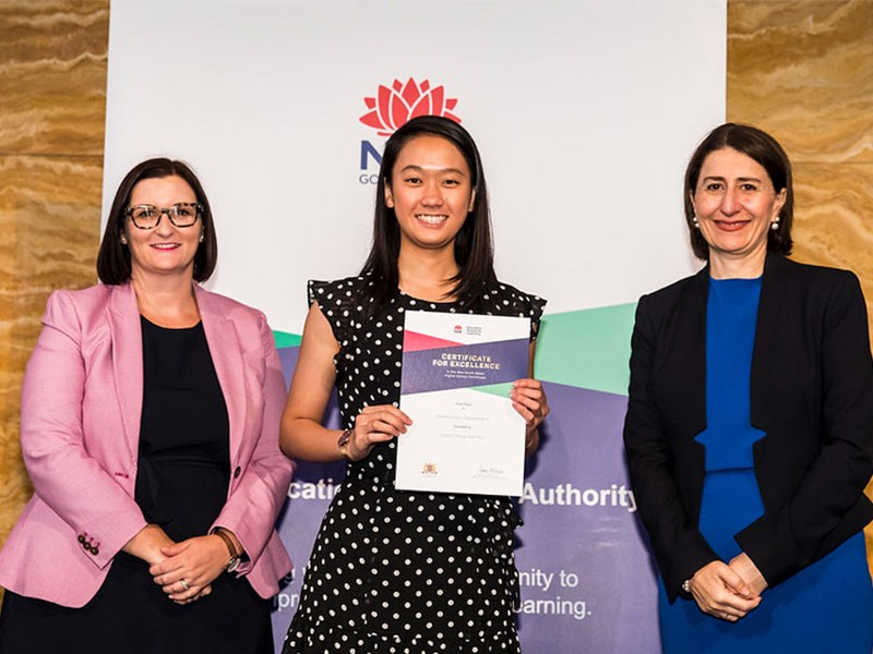 James Ruse Agricultural High School student Jocelin Shing-Yan Hon receives her award for First in Course for Extension 2 Mathematics from Education Minister Sarah Mitchell (left) and Premier Gladys Berejiklian (right).
Credit: Anna Warr Photography.