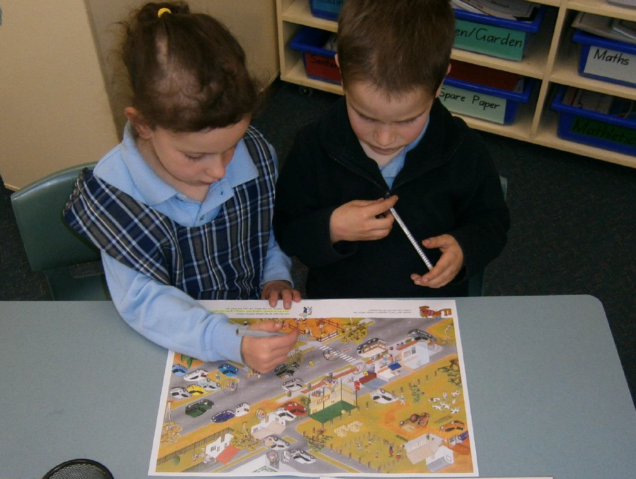 A colourful road safety activity showing a street scene.