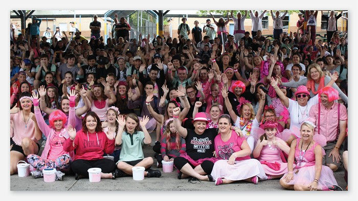 Staff and students at Northlakes High School wearing pink to raise breast cancer awareness.