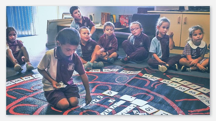 Eight Doonside public school students playing a numbers game with cards.