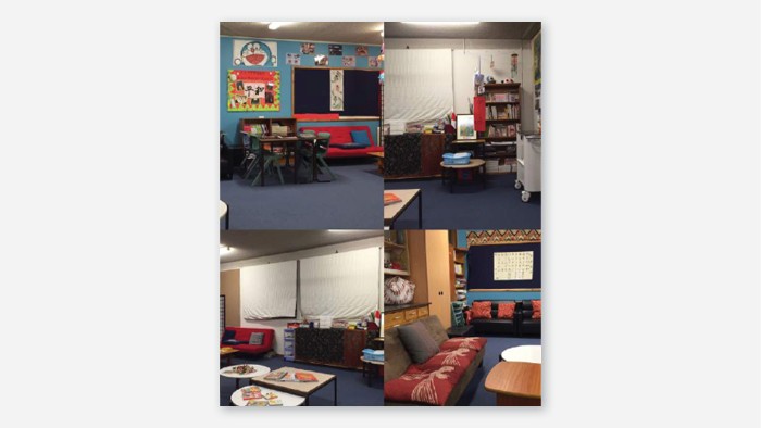 Four images of language classroom spaces. They show how culturally relevant items such as books and posters are in each classroom.