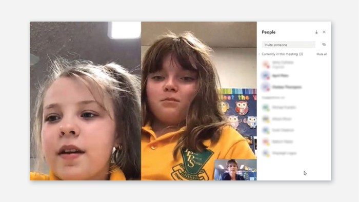 Screen capture of students and a teacher participating in a Microsoft Teams meeting
