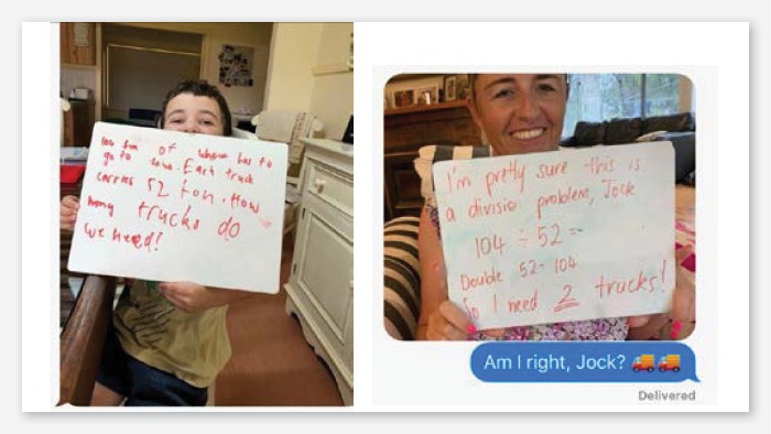 Screen capture of a text message exchange between a child and a teacher. Two of the messages are photos, one of the child holding up a piece of paper and one of the teacher holding up a similar piece of paper.