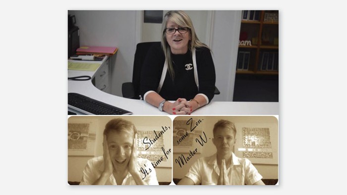 Screen capture from a video of a staff member addressing the camera and two screen captures of a student posing in front of the camera with the text Students its time for some zen.