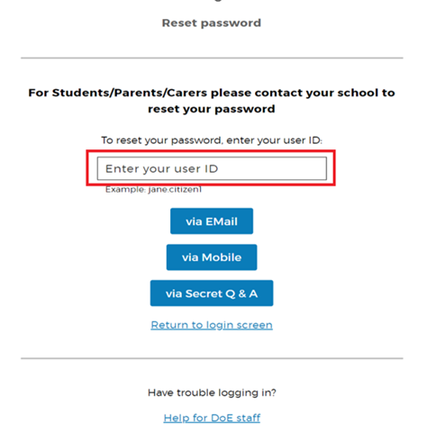 Screen of reset password page with Enter your user id selected