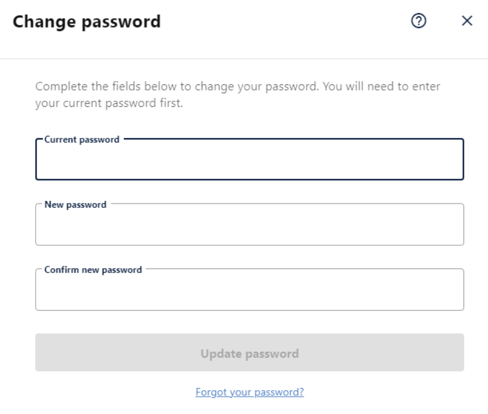Screenshot of change password screen
