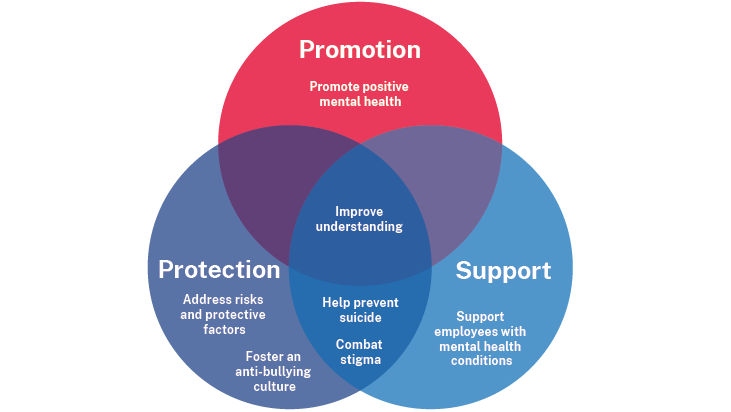 Venn diagram with three overlapping circles. The heading in the top centre circle is Promotion, with promote positive mental health written underneath. The heading in the bottom left circle is protection. The text below the heading reads address risks and protective factors and foster anti-bullying culture. The heading in the bottom right circle is support and the text below reads support employees with mental health conditions. The three circles overlap in centre and contain the text improve understanding. The circles labelled protection and support also overlap at the bottom of the diagram and contains text that reads help prevent suicide and combat stigma.