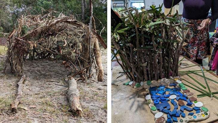 An image of the shelter in the bush next to a small-scale replica of the shelter made in the preschool. Both are made from found sticks and grass.