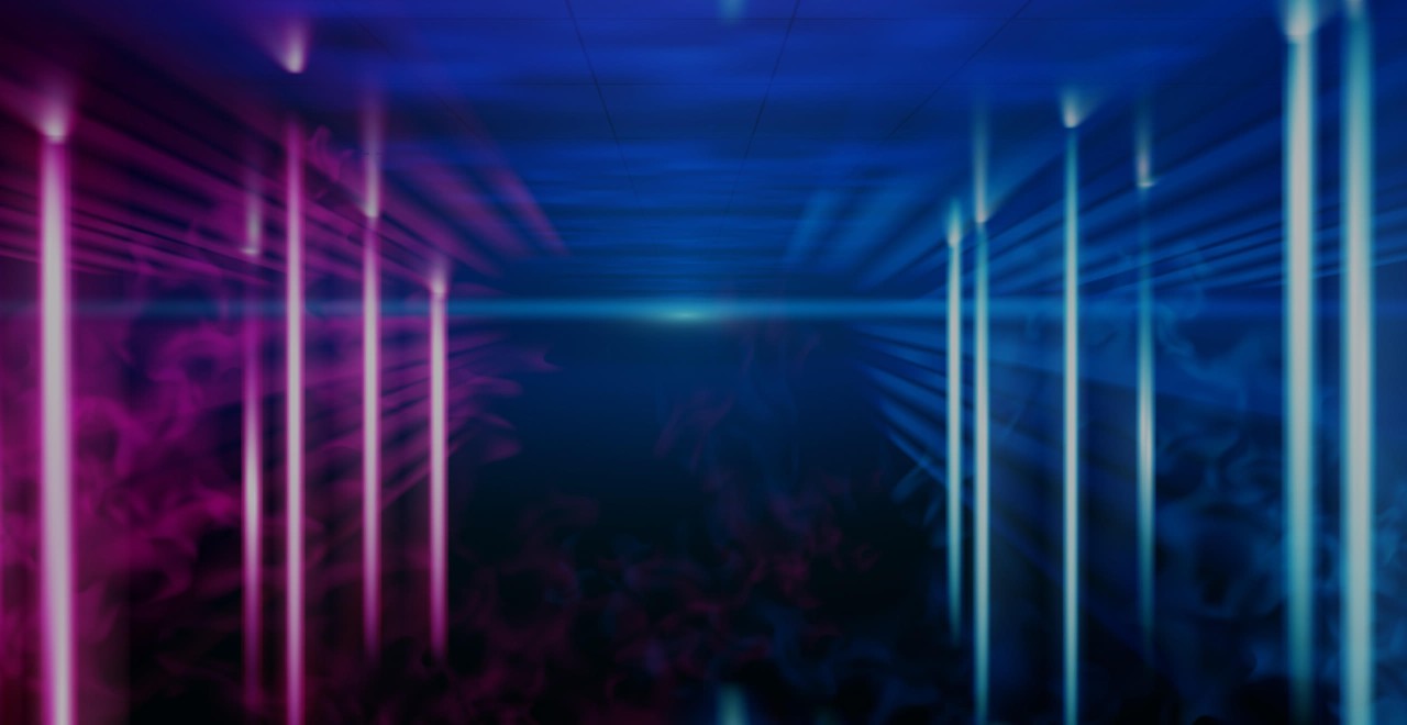 Background with purple light beams on the left and blue light beams on the right.