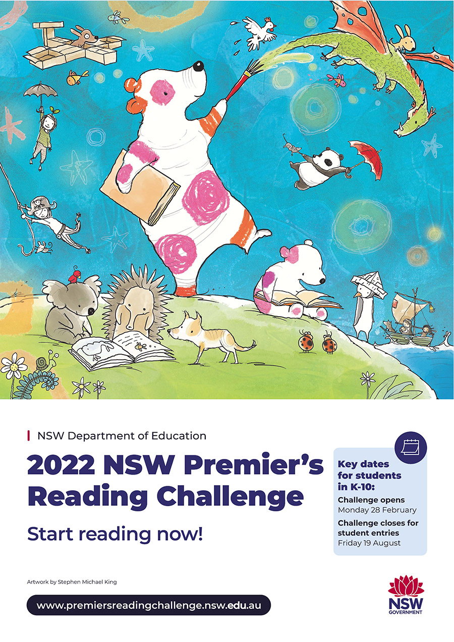 premiers reading challenge poster with picture of a cartoon figure climbing a staircase of books