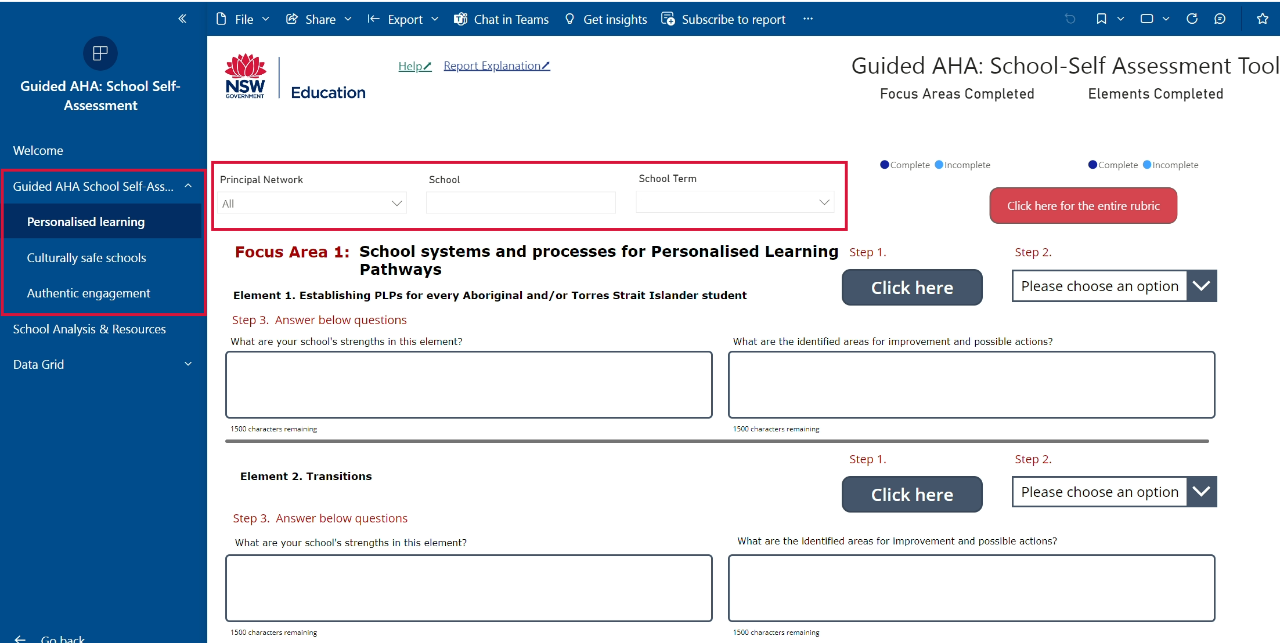 Screenshot of the Guided AHA report highlighting that Personalised learning has been selected from the left-hand sidebar.