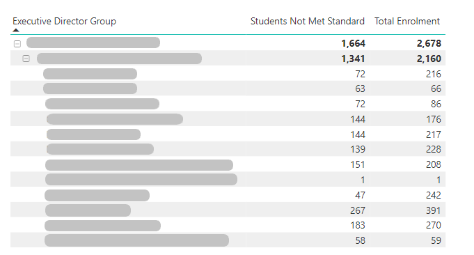 A screenshot of the Top right side table in report showing Executive Group, Students Not Met Standard and Total Enrolment as headings.