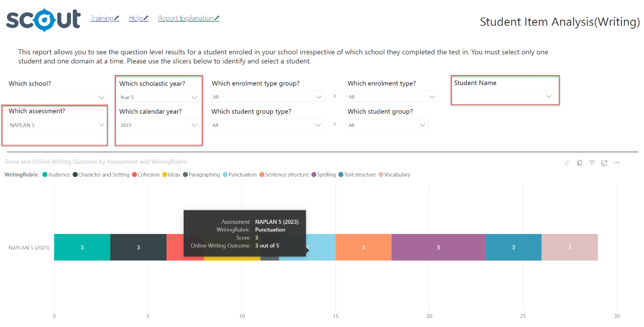 A screenshot of the Student Item Analysis report with assessment, scholastic year and calendar year circled in red.