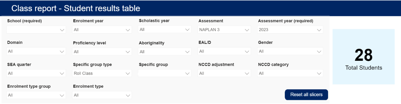 Screenshot of the slicers in Student results table report.