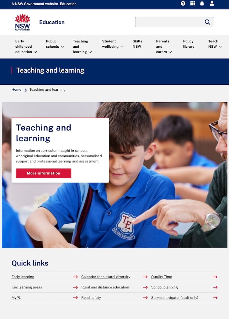 Screenshot of level 1 hub template on education.nsw website.