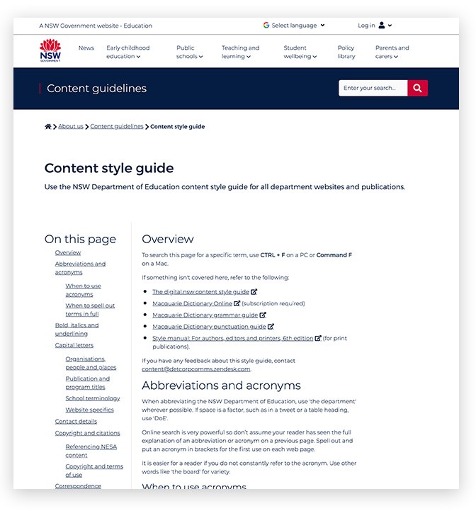 Screenshot of long content page template on education.nsw.
