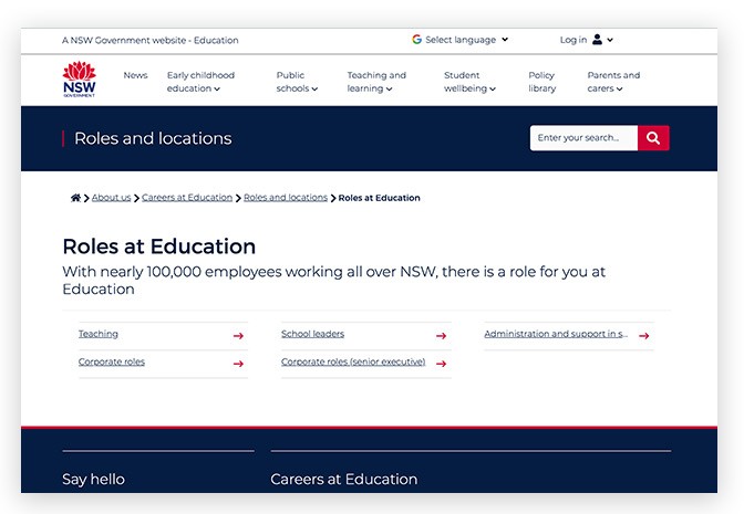 Screenshots of landing page template on education.nsw website.