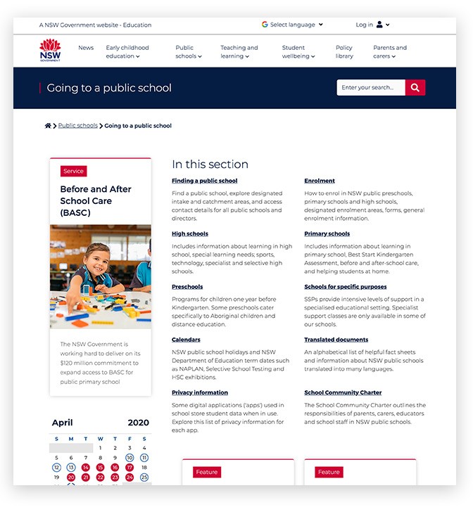 Screenshot of level 2 hub template on education.nsw website.