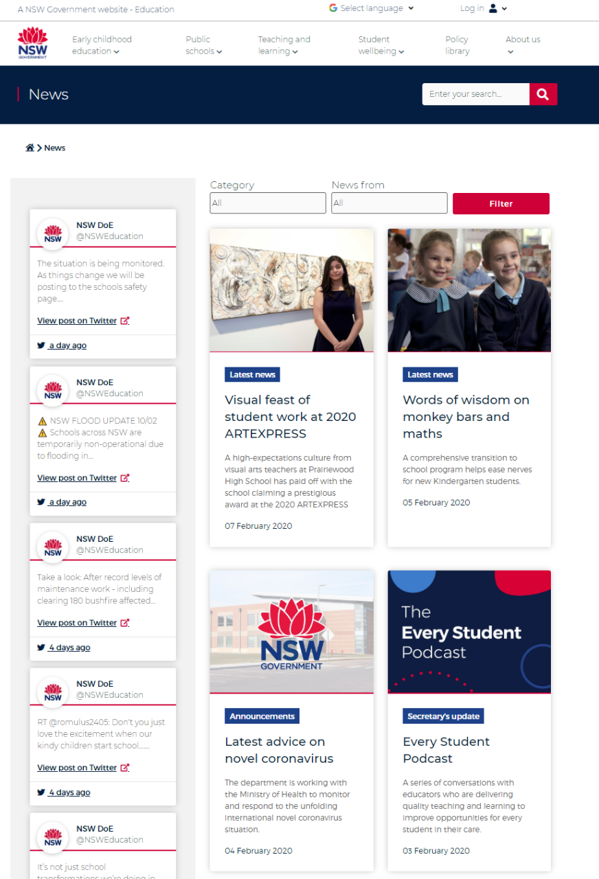 Screenshot of education.nsw.gov.au news hub.