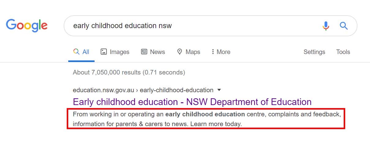 Screenshot of google search result for Early childhood education.