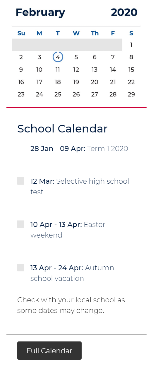 Screenshot of calendar embedded on level 2 template.