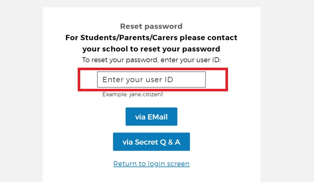 Screen of reset password page with Enter your user id selected