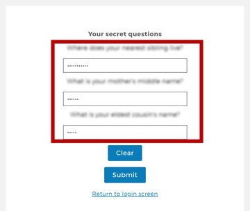 Screenshot of your secret questions page with fields selected