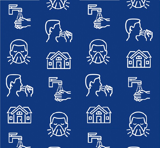 Health icons: wash hands, use tissues, cover your cough, stay home.