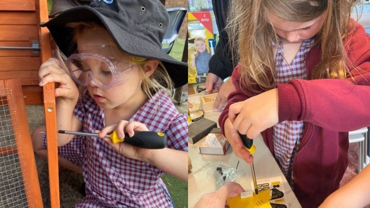 On the left hand side a close up of a child wearing school uniform using a screwdriver to build an object. On the right hand side is a child wearing school uniform, safety goggles and a hat using a screwdriver to tend to a rabbit hutch.