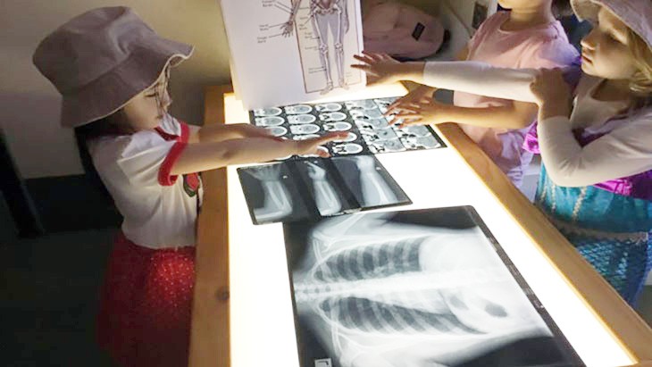 3 children bend over a light table looking at x-rays of different parts of the body.