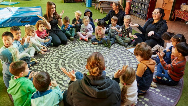 A group of children and educators sit together in a circle on a dark blue mat featuring light green Aboriginal artwork. They are in outdoor area of the service, which has play equipment, a picnic table and activity stations located throughout the space.