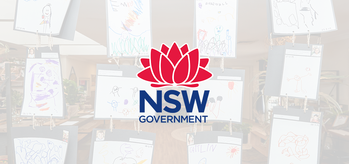 NSW Government logo with children's paintings in the background.