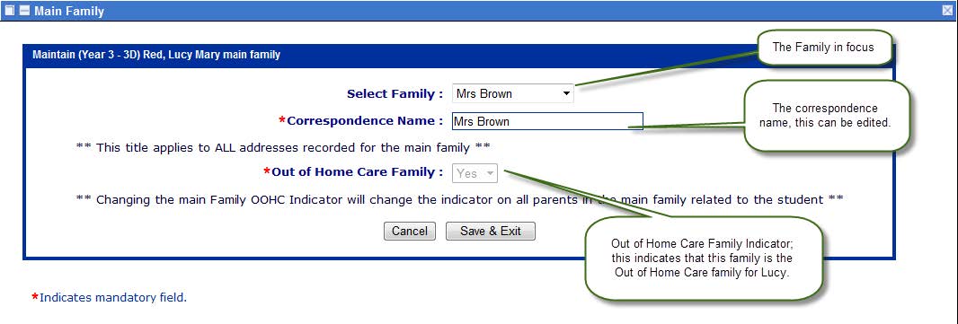Screenshot of main family screen management