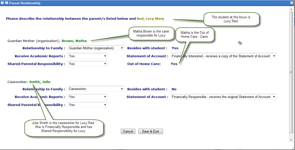 Screenshot of parent relationship management screen