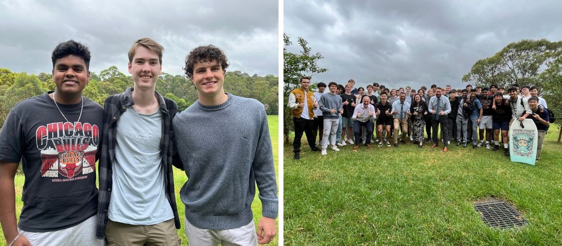 A split photo of three students and a larger group of boys.