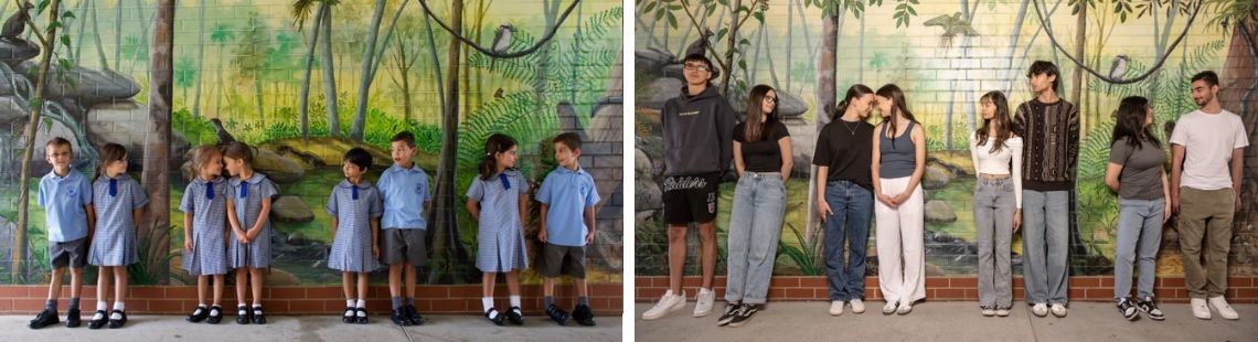 A split image showing four sets of twins standing in front of a mural 13 years apart.