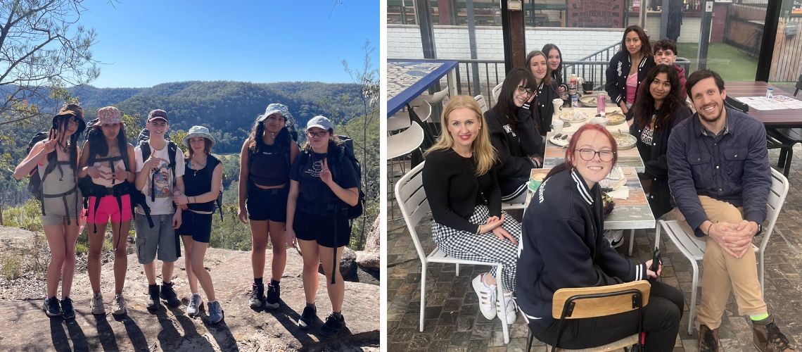 A split photo of students on a bush walk and students and teachers sitting at a table