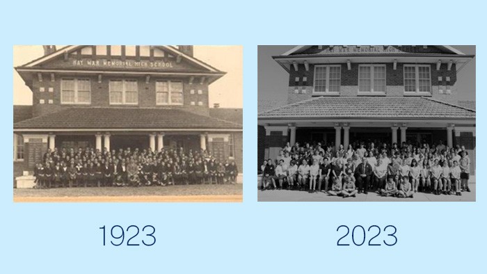 A photo of a school from 1923 and today with students out the front
