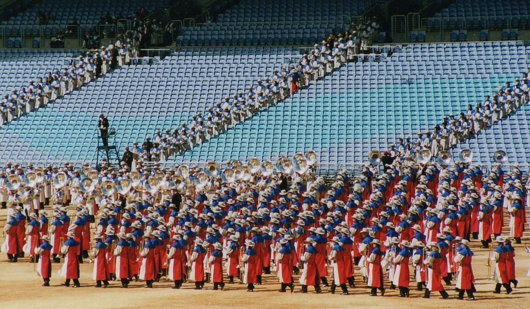 Marching band rehearse in stadium