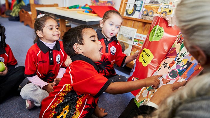 A young Aboriginal boy reads a book