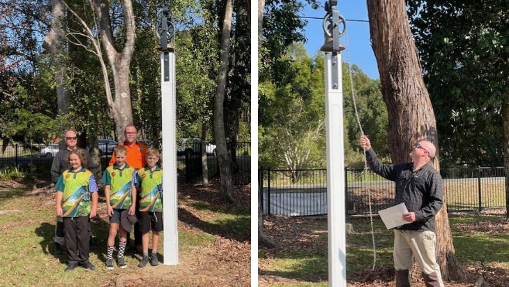 A split image of people standing under a bell.