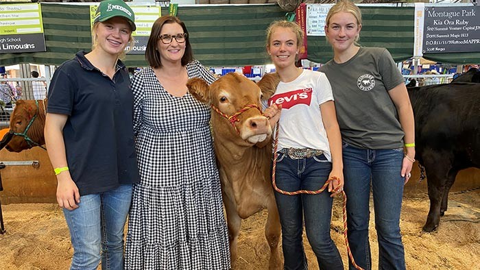 Three girls stand with an adult with a cow sticking its head through the middle of them.