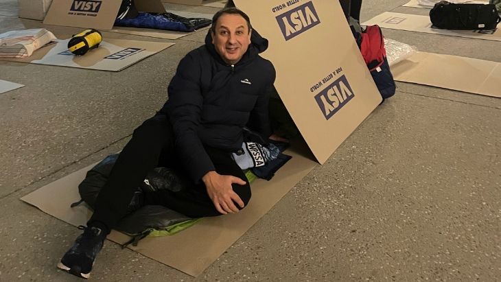 Department Secretary with his cardboard sleeping tent at CEO sleepout