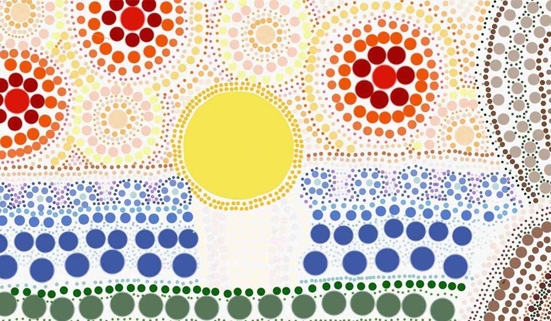 A artwork depicting the first encounters between Aboriginal Australians and the crew of the Endeavor using traditional dot painting techniques.