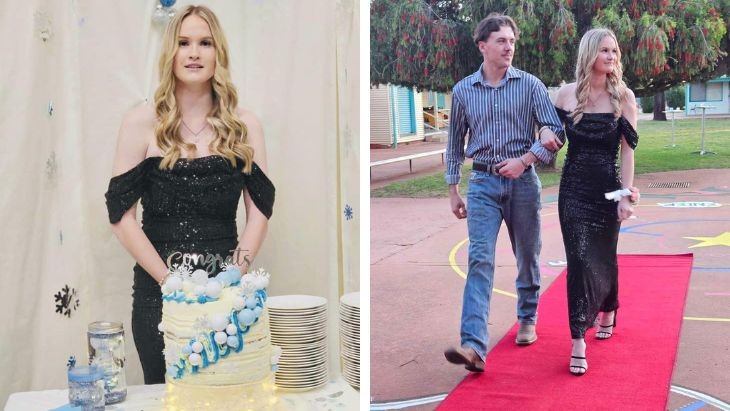 A girl with a cake and a boy and girl walking down a red carpet.
